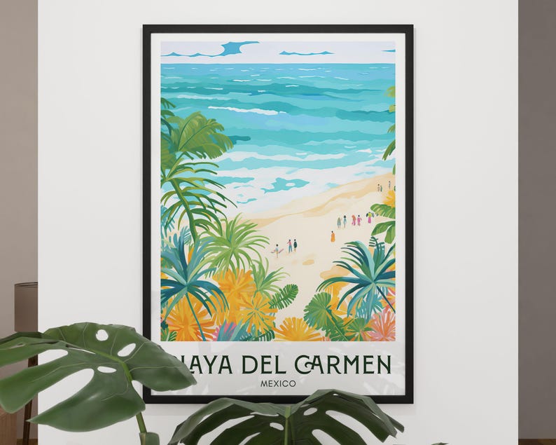 May include: A colourful illustration of a beach scene with palm trees, turquoise water, and white sand. The text "Playa del Carmen, Mexico" is at the bottom of the image.