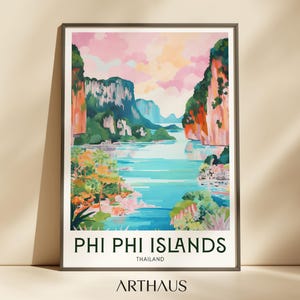 Póster de viaje de Tailandia, arte mural de las islas Phi Phi, regalos de viaje a Asia, decoración de pared de viaje vintage imprimible, pinturas de ciudades de moda, descarga digital