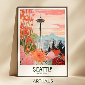 PRINTABLE Seattle Travel Poster United States Wall Art Skyline US Travel Gifts Maximalist Wall Decor Trendy City Prints Digital Download