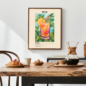 May include: A vintage-style poster with a colorful illustration of a Mai Tai cocktail. The poster includes the title "MAI TAI" and a list of ingredients.