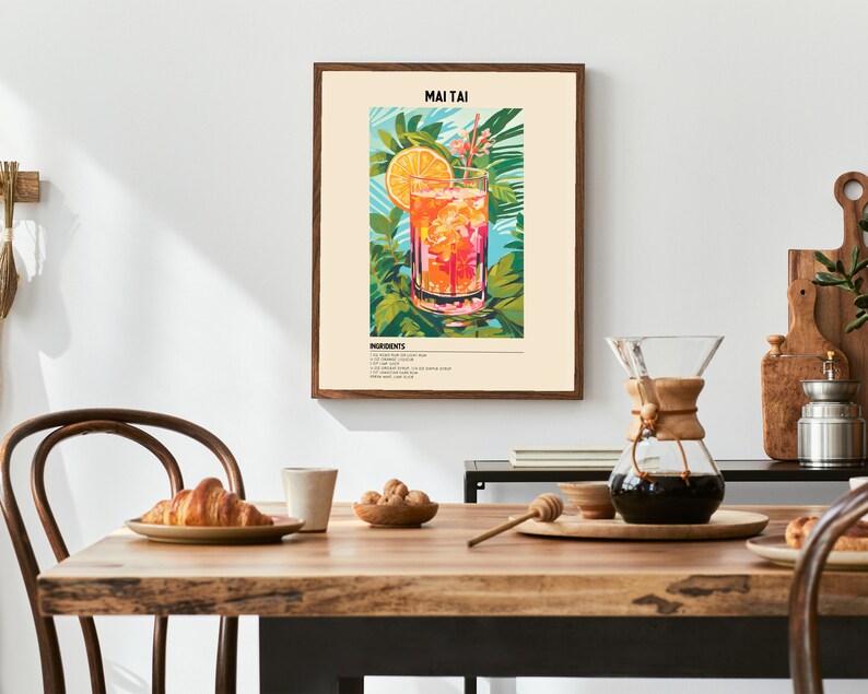 May include: A vintage-style poster with a colorful illustration of a Mai Tai cocktail. The poster includes the title "MAI TAI" and a list of ingredients.