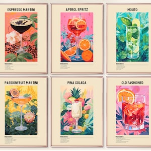 Cocktail Print Set von 6, Buntes Bar Warenkorb Galeriewand-Set, Retro Cocktail Poster, Bar druckbare Kunst, Getränke Wanddekoration, digitaler Download