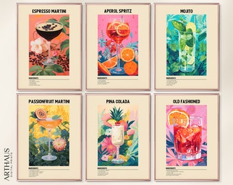 Cocktail Art Prints, Bar Cart Gallery Wall Set of 6 (Digital Download)