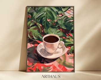Könnte beinhalten: Eine gerahmte Illustration einer weißen Kaffeetasse mit dunkelbraunem Kaffee auf einem rot-grünen gemusterten Hintergrund. Die Tasse steht auf einem weißen Unterteller. Der Hintergrund ist eine Dschungelszene mit großen grünen Blättern.