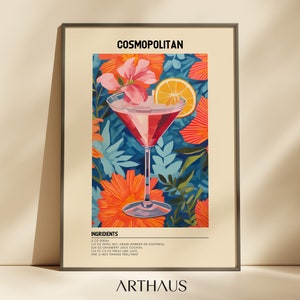 Cosmopolitan Cocktail Druck | Klassische Cocktailwandkunst | Eklektische Alkohol Drucke | Barwagen Dekor | Digitaler Download Poster