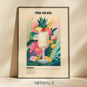 Wydruk koktajlu Pina Colada | Pobieranie sztuki cyfrowej | Dekoracja wózka barowego | Wydrukowana sztuka baru z napojami | Sztuka ścienna do kuchni