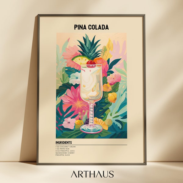 Pina Colada Cocktail Print | Digital Art Download | Bar Cart Decor | Drink Bar Printable Art | Kitchen Wall Art