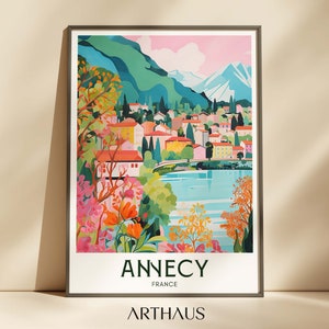 Póster de viaje de Francia Annecy Arte europeo Decoración máxima Arte mural moderno de mediados de siglo Arte mural ecléctico vibrante Descarga digital
