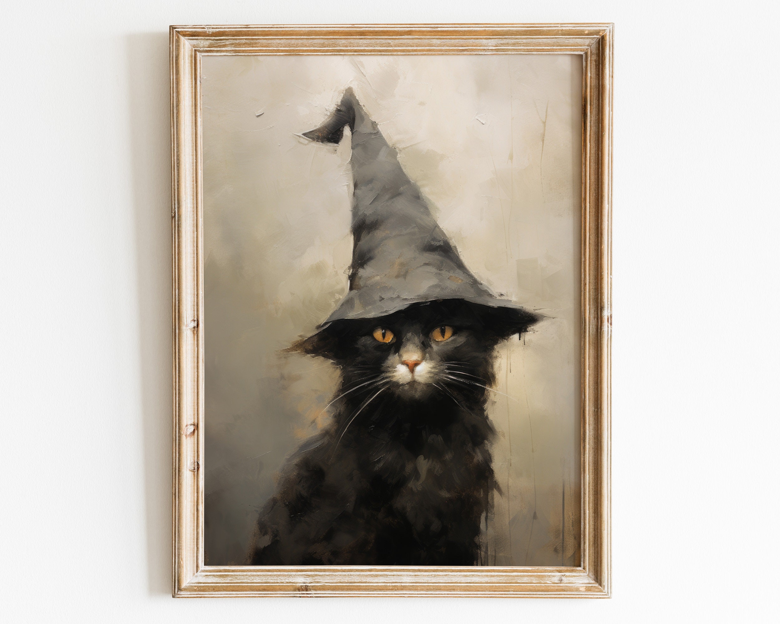 Halloween Black Cat Witch Art Print – Vintage Neutral Decor (digital ...