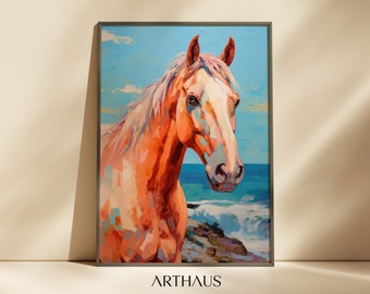 Impression de peinture à l'huile de cheval, art côtier français (téléchargement numérique)