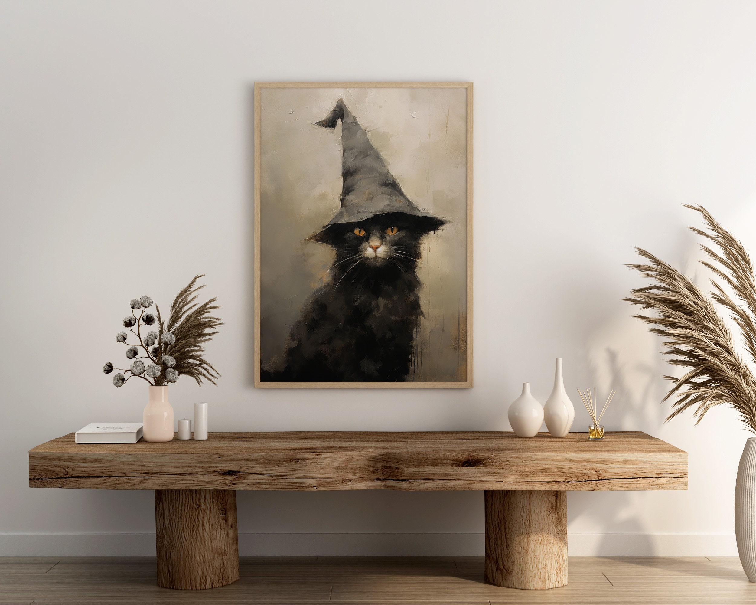 Halloween Black Cat Witch Art Print – Vintage Neutral Decor (digital ...