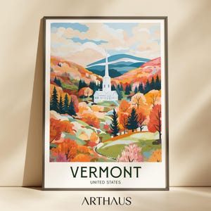 Póster de viaje de Vermont, arte de Estados Unidos, decoración maximalista, arte mural moderno de mediados de siglo, arte mural ecléctico vibrante, descarga digital