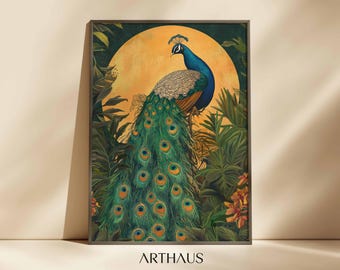 Green Peacock Painting: Vintage Indian Folk Art (Digital Download)