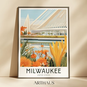 Cartaz de viagem de Milwaukee Calatrava Wisconsin Arte dos Estados Unidos Decoração máxima Arte de parede moderna de meados do século Arte de parede eclética Download digital