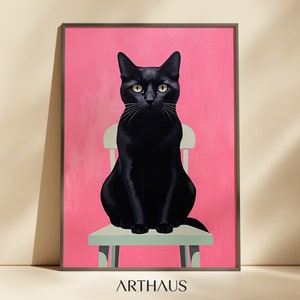 Art mural imprimable chat, art mural éclectique, peinture rose, art mural animal de compagnie, art mural tendance, art mural maximaliste, téléchargement numérique, chat noir