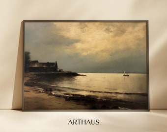 Antique SeaSide Painting, Vintage Landscape Painting, 19th Century Moody Dark SeaSide Painting, Printable Digital Download