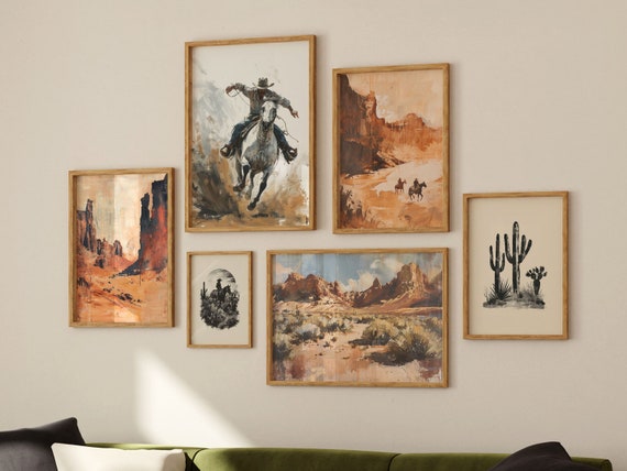 Vintage Cowboy Art Print Set, Rustic Southwest Decor (Digital Download)
