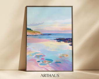 ピンクの夕焼けの海景水彩画：パステル調の海岸アート（デジタル