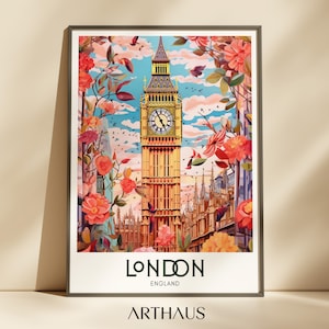 Cartaz de viagem de Londres Arte de parede retrô Cartaz de viagem da Inglaterra Decoração de parede para impressão Impressão de cidades europeias vintage Reino Unido para impressão Download digital