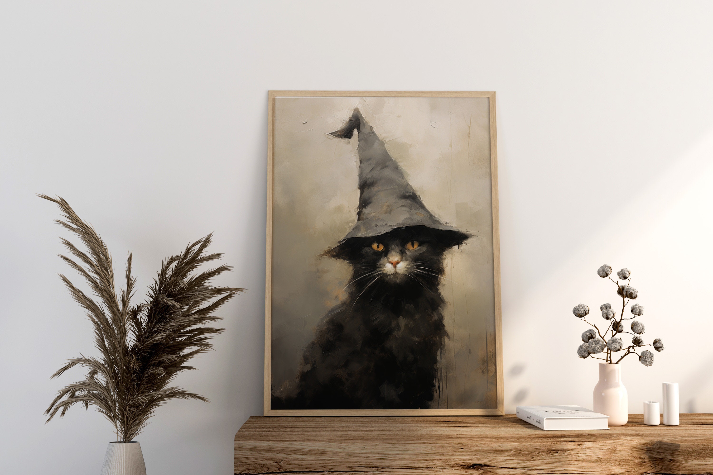 Halloween Black Cat Witch Art Print – Vintage Neutral Decor (digital ...