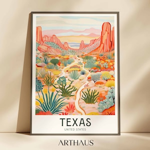 Póster de viaje por el desierto de Texas Arte de Estados Unidos Decoración máxima Arte mural moderno de mediados de siglo Arte mural ecléctico vibrante Descarga digital