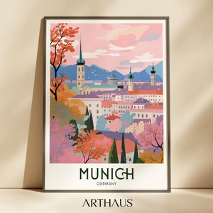 Póster de viaje de Múnich, póster de viaje de Alemania, decoración de pared imprimible, impresión de ciudades europeas, descarga digital de mediados de siglo
