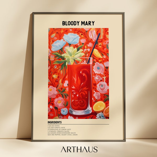 Bloody Mary Cocktail Print | Digital Art Download | Eclectic Red Bloody Mary Cocktail Bar Printable Art | Kitchen Wall Art