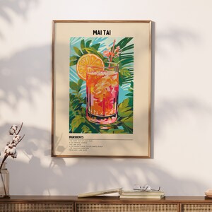 May include: A vintage-style poster with a colorful illustration of a Mai Tai cocktail. The poster has a light brown background with the text "MAI TAI" in a bold, black font. The cocktail is depicted in a glass with a slice of orange and a sprig of flowers. The poster also includes a list of ingredients for the cocktail.