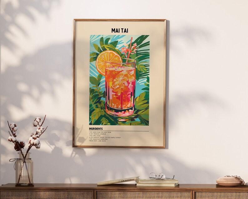 May include: A vintage-style poster with a colorful illustration of a Mai Tai cocktail. The poster has a light brown background with the text "MAI TAI" in a bold, black font. The cocktail is depicted in a glass with a slice of orange and a sprig of flowers. The poster also includes a list of ingredients for the cocktail.