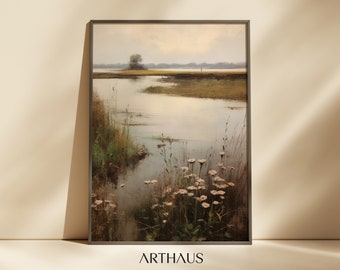 Vintage River Landscape Painting, Cottagecore Print (Digital Download)