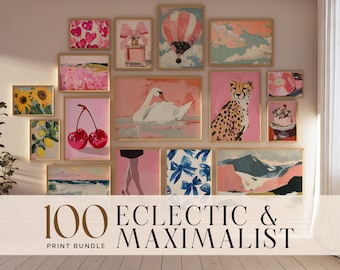 May include: A gallery wall of framed art prints in a range of sizes and styles, featuring floral, animal, and abstract designs. The colour scheme is predominantly pink, with touches of blue, yellow, and green. The text at the bottom reads "100 Eclectic & Maximalist Print Bundle."