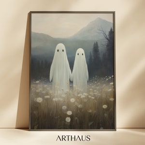 Halloween Ghosts Art Print Halloween Art Print Halloween Decor Cute Ghosts in Field Spooky Vintage Halloween Digital Download