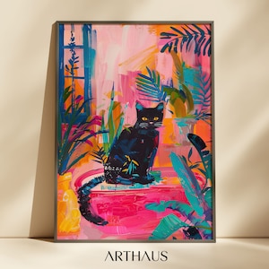 Black Cat Print Maximalist Wall Art Woonkamer Print Dopamine Decor Preppy Wall Art Animal Art Matisse geïnspireerde digitale download