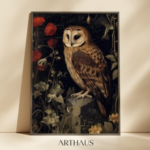Dark Academia Owl PRINTABLE Wall Art Antique Owl Painting Moody Rustic Bird Print Vintage Animal Wall Art Dark Art Digital Download