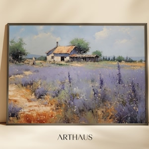 Printable Lavender Field Landscape Painting, Muted Vintage Landscape Art Print, Country Field Wall Art, Printable Digital Download