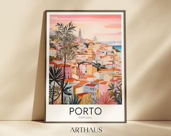 May include: A colorful illustration of the city of Porto, Portugal, with a pink and orange sunset in the background. The city is depicted with many buildings and palm trees. The text "PORTO" and "PORTUGAL" is printed below the image.