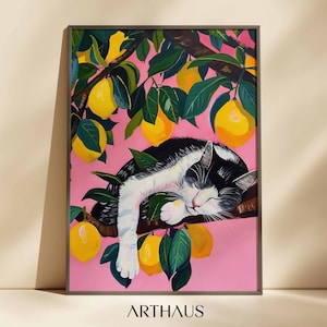 May include: A black and white cat sleeps on a branch of a lemon tree. The cat is curled up with its head resting on its paws. The lemons are yellow and the leaves are green. The background is a pink color.