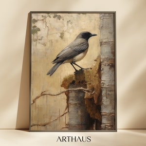Pintura de pájaros antiguos, arte de pared imprimible de estilo cottagecore, arte de pájaros vintage, arte de pared de animales en tonos neutros, descarga digital