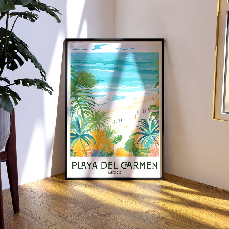 May include: A colourful poster featuring a tropical beach scene. The poster depicts a blue ocean, white sand, and palm trees. The text "PLAYA DEL CARMEN MEXICO" is at the bottom of the poster.