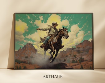 May include: A painting of a cowboy riding a brown horse through a desert landscape. The cowboy is wearing a white hat and a brown shirt. The sky is blue with white clouds.