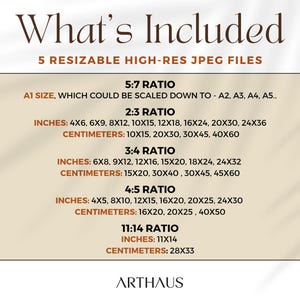 May include: A graphic showing the different sizes and ratios of 5 high-resolution JPEG files included in a digital download. The sizes are listed in inches and centimetres. The ratios are 5:7, 2:3, 3:4, 4:5, and 11:14.
