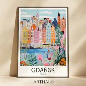 Cartaz de viagem de Gdansk Polônia Arte de parede Arte da cidade maximalista Impressão de viagem colorida Impressões da Europa Download digital Arte de parede retrô para impressão
