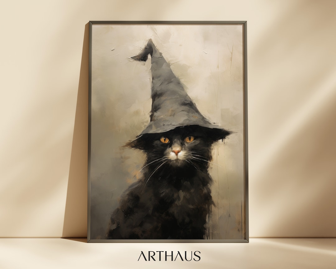 Halloween Black Cat Witch Art Print – Vintage Neutral Decor (digital ...