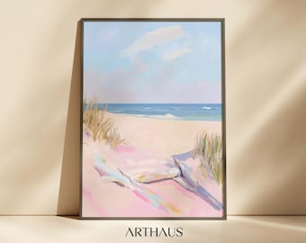 Peinture côtière pastel, décoration d'appartement girly, plage de salle à manger, impression d'art mural coloré d'été, impression impressionniste, téléchargement numérique