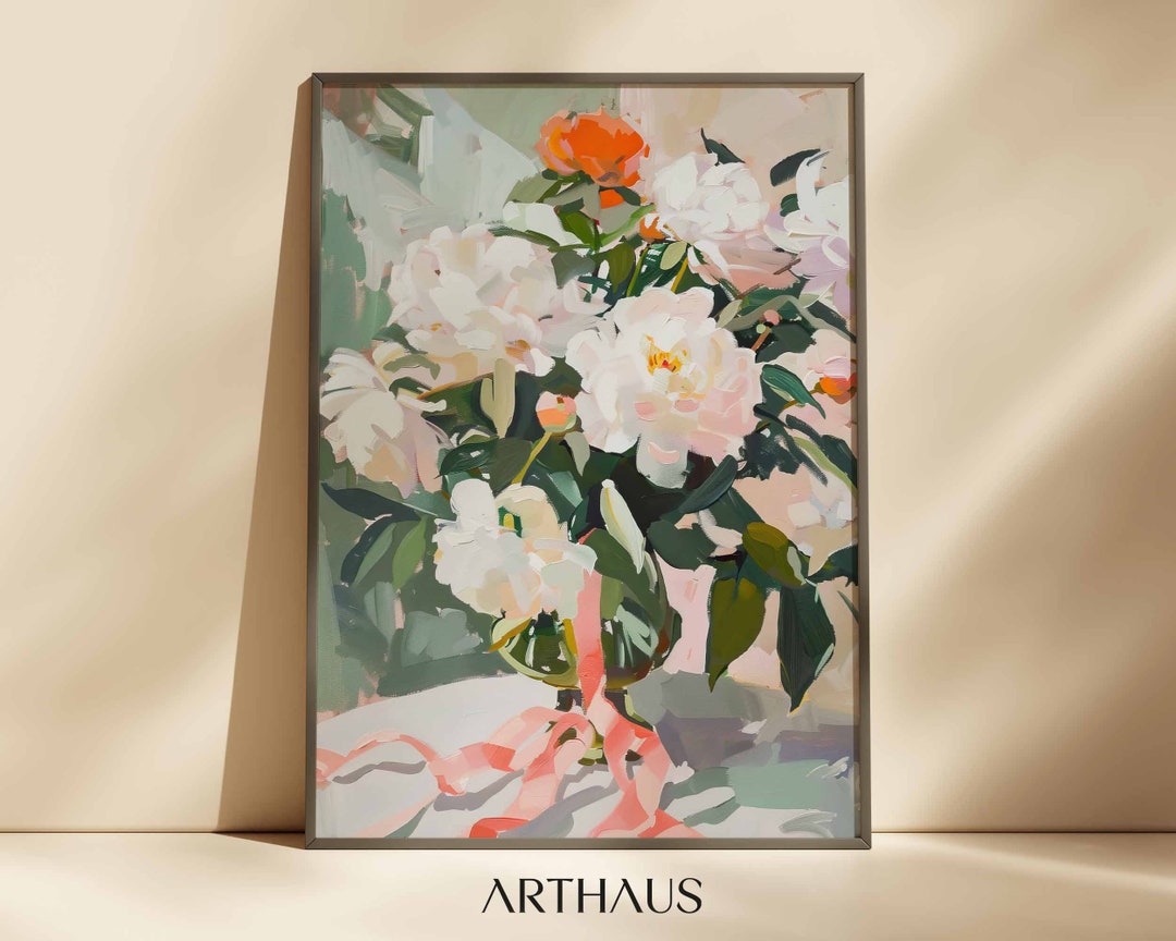 Pink Peonies Painting Coquette Vintage Print Farmhouse Wall Decor ...