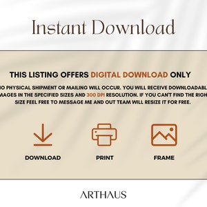 Pu&ograve; includere: Un elenco di download digitale per arte stampabile. Il testo recita "Questo elenco offre solo download digitale. Non verr&agrave; effettuata alcuna spedizione fisica o postale. Riceverai immagini scaricabili nelle dimensioni specificate e una risoluzione di 300 DPI. Se non riesci a trovare la dimensione giusta, non esitare a contattarmi e il nostro team la ridimensioner&agrave; gratuitamente." L'elenco include icone per il download, la stampa e l'incorniciatura.