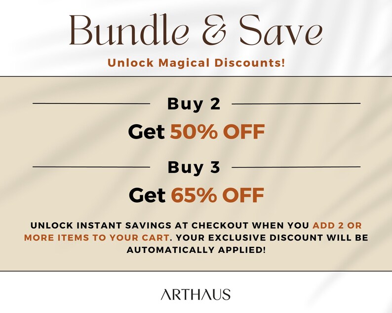 Op de afbeelding: Een promotionele afbeelding met de tekst "Bundle & Save" en "Unlock Magical Discounts!". Het biedt kortingen: Koop 2, krijg 50% KORTING; Koop 3, krijg 65% KORTING. De tekst moedigt aan om items aan de winkelwagen toe te voegen.