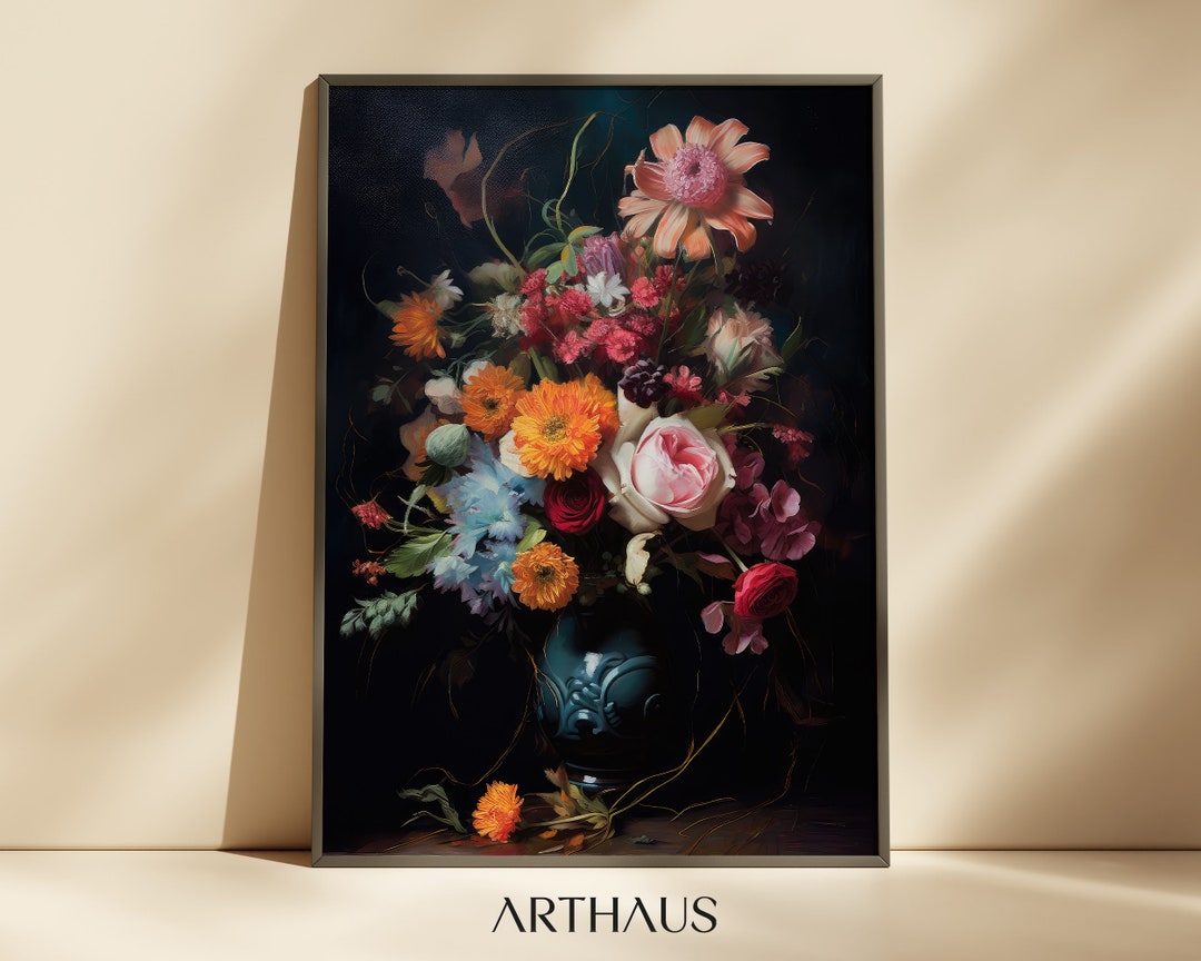 Vintage Floral Oil Painting Print, Dark Moody Flower Art (digital ...