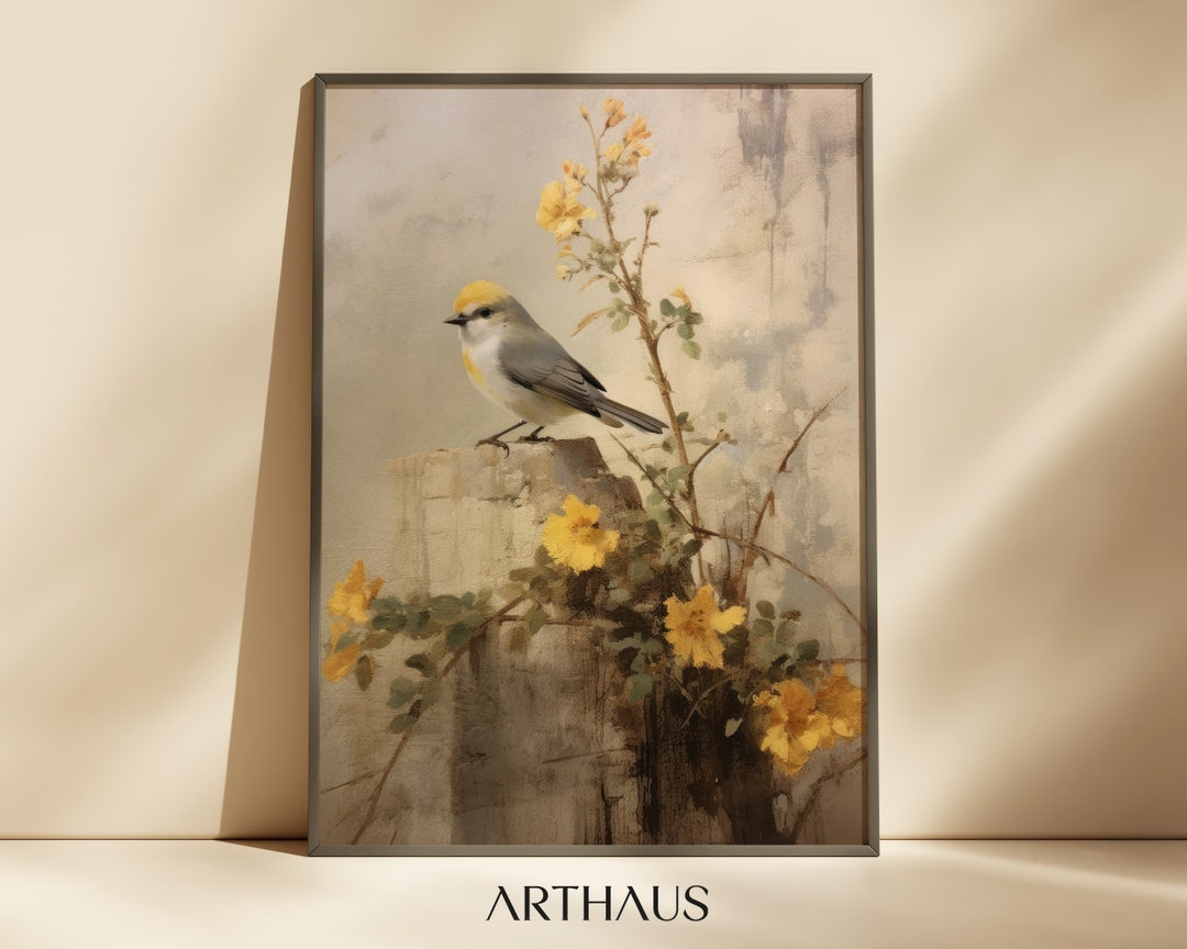 Vintage Bird Painting Antique Bird Wall Art Vintage Beige Farmhouse