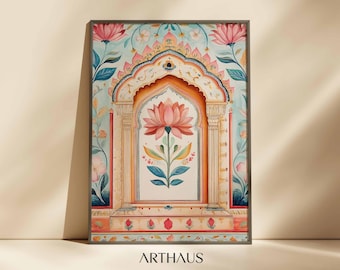 May include: A watercolor painting of a colorful floral archway with a pink lotus flower in the center. The archway is decorated with intricate details and surrounded by green leaves and flowers.